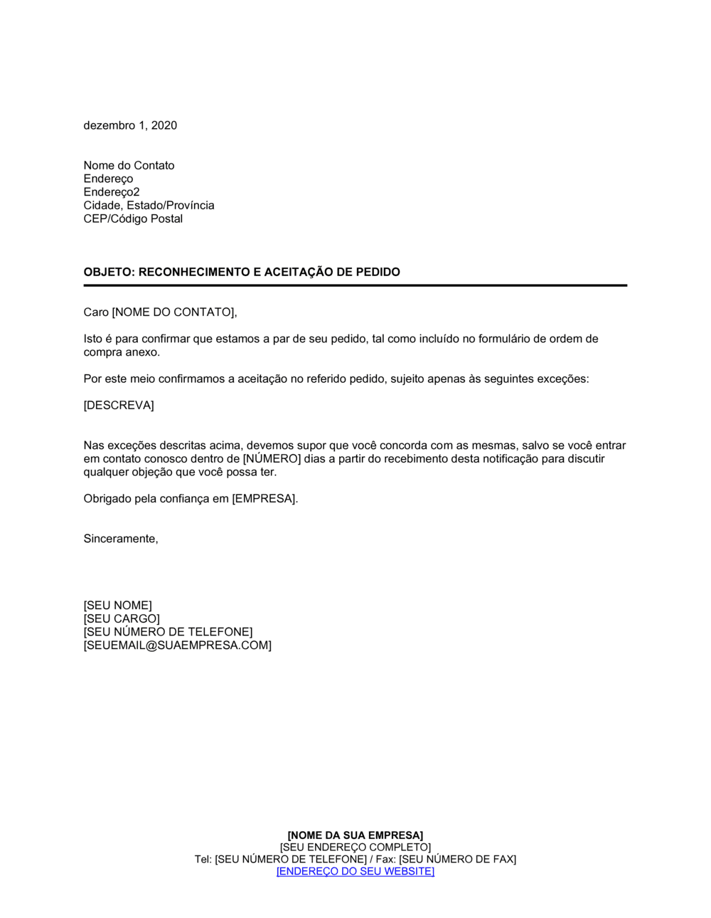 Business-in-a-Box's Reconhecimento e Aceitação do Pedido