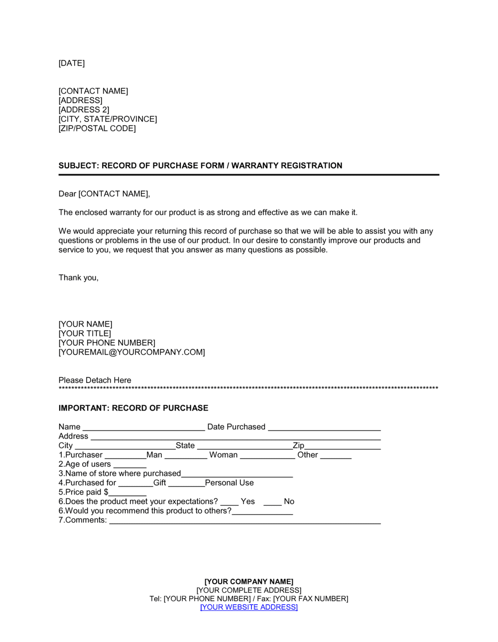 Business-in-a-Box's Record of Purchase Form, Warranty Registration Template
