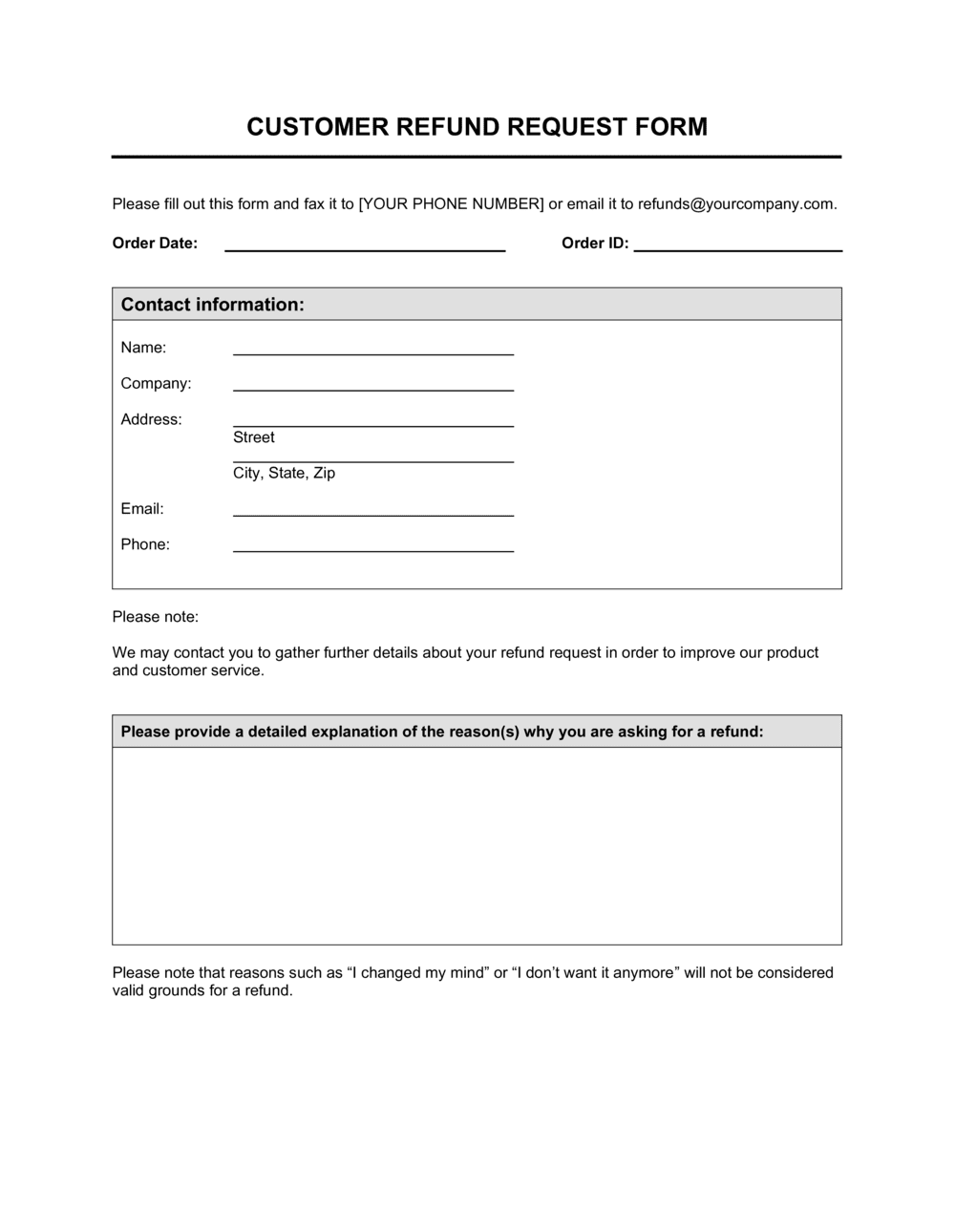 Refund Request Form Template By Business in a Box 