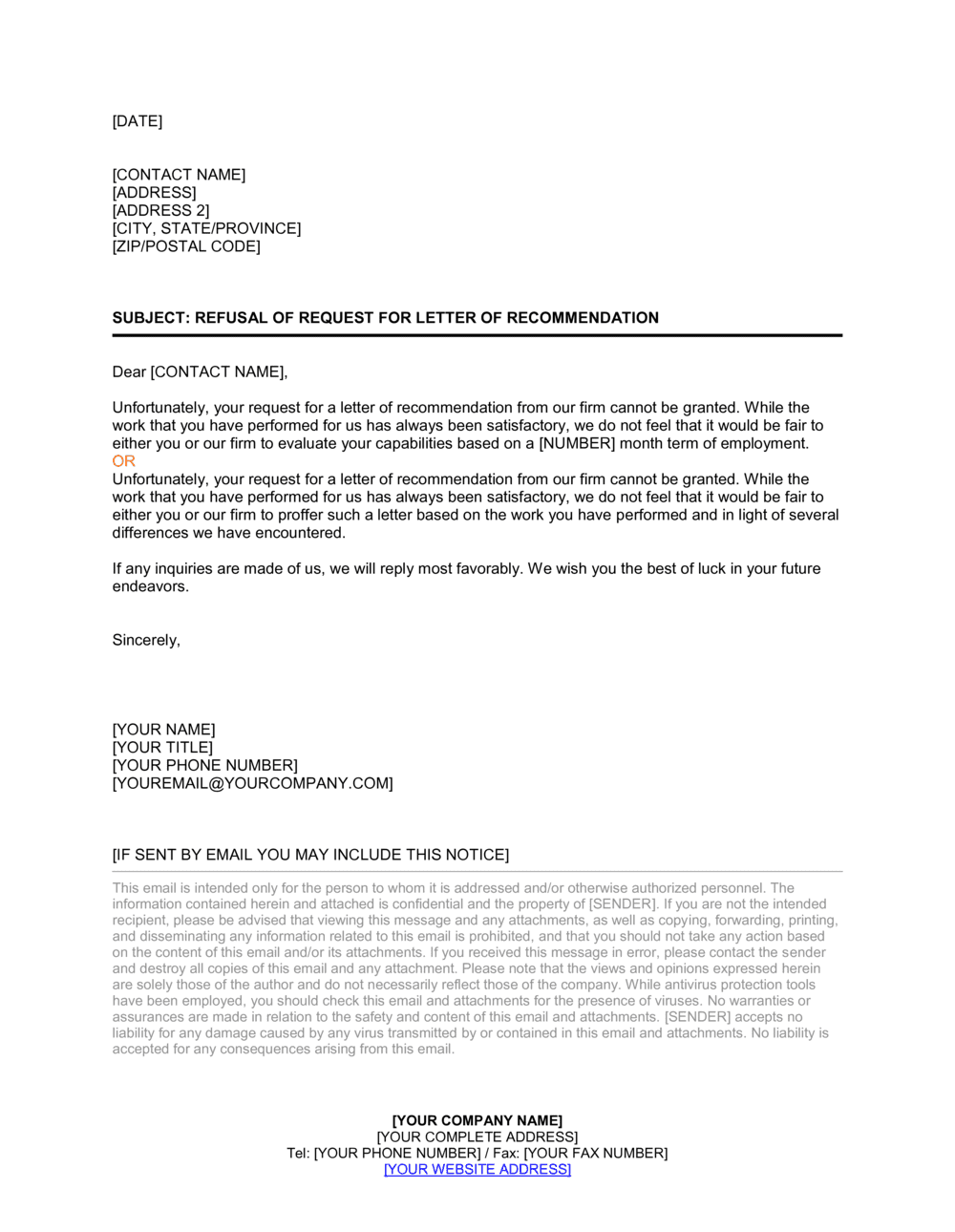 Refusal of Request for Letter of Recommendation Template  by