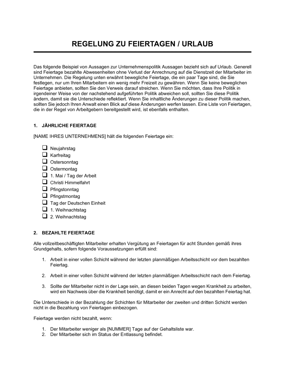 Business-in-a-Box's Regelung zu Feiertagen Urlaub