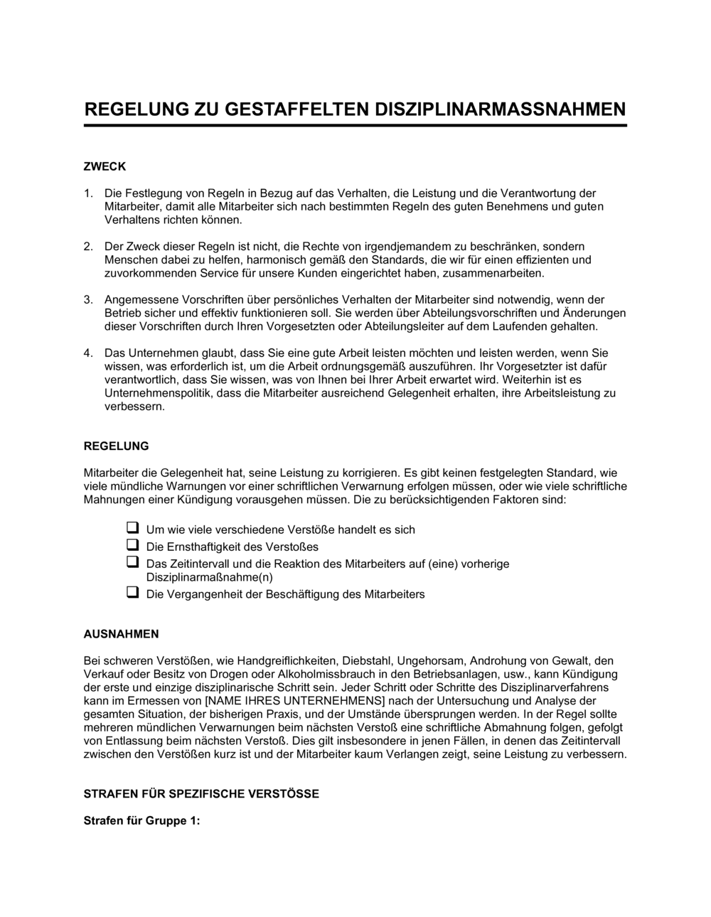 Business-in-a-Box's Regelung zu gestaffelten Disziplinarmaßnahmen