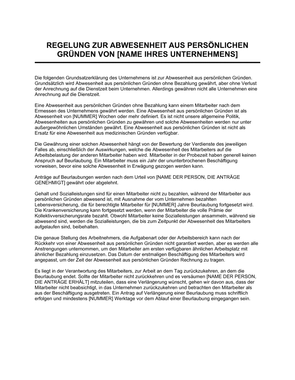 Business-in-a-Box's Regelung zur Abwesenheit aus persönlichen Gründen