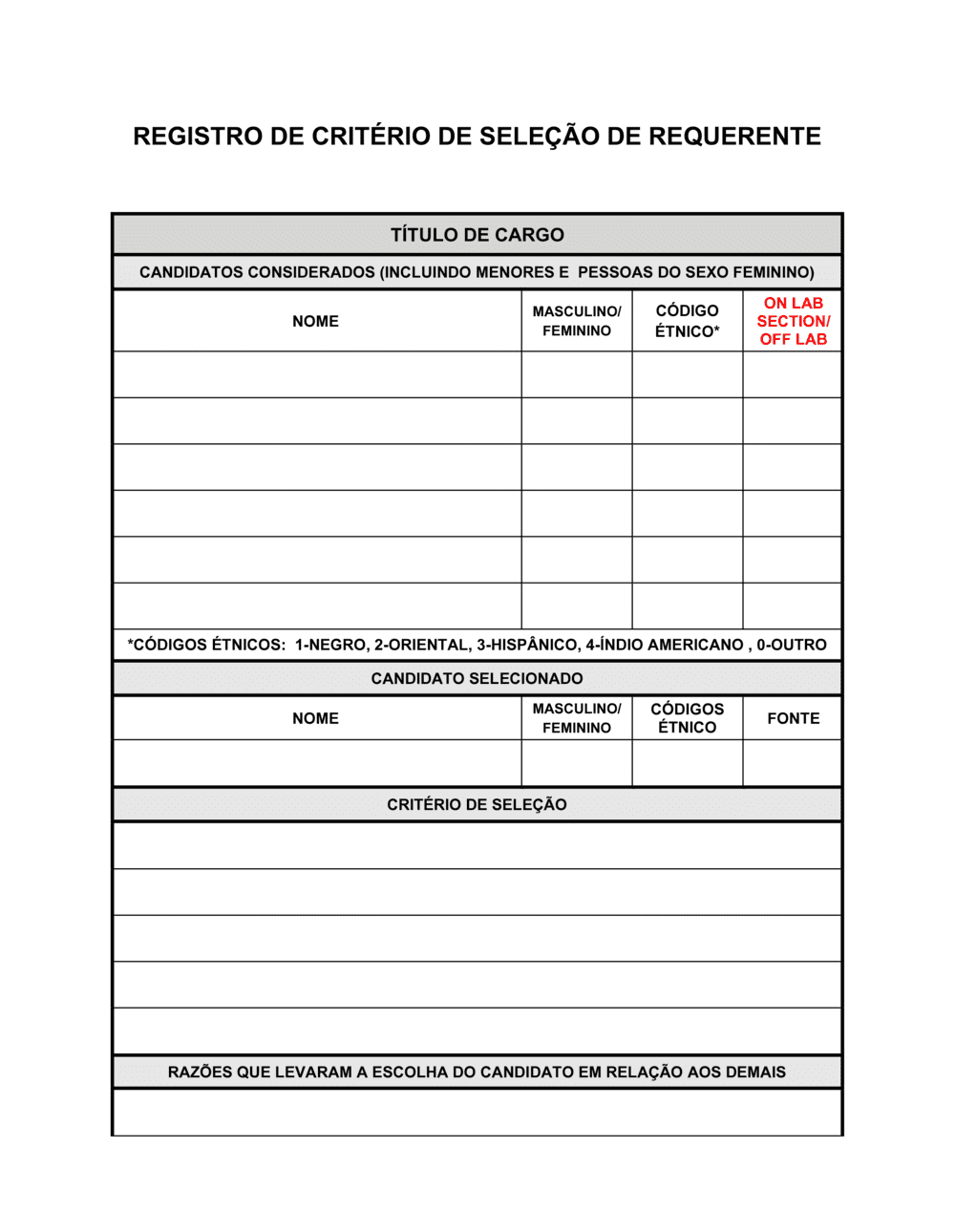 Business-in-a-Box's Registro de Critério de Seleção de Aplicante