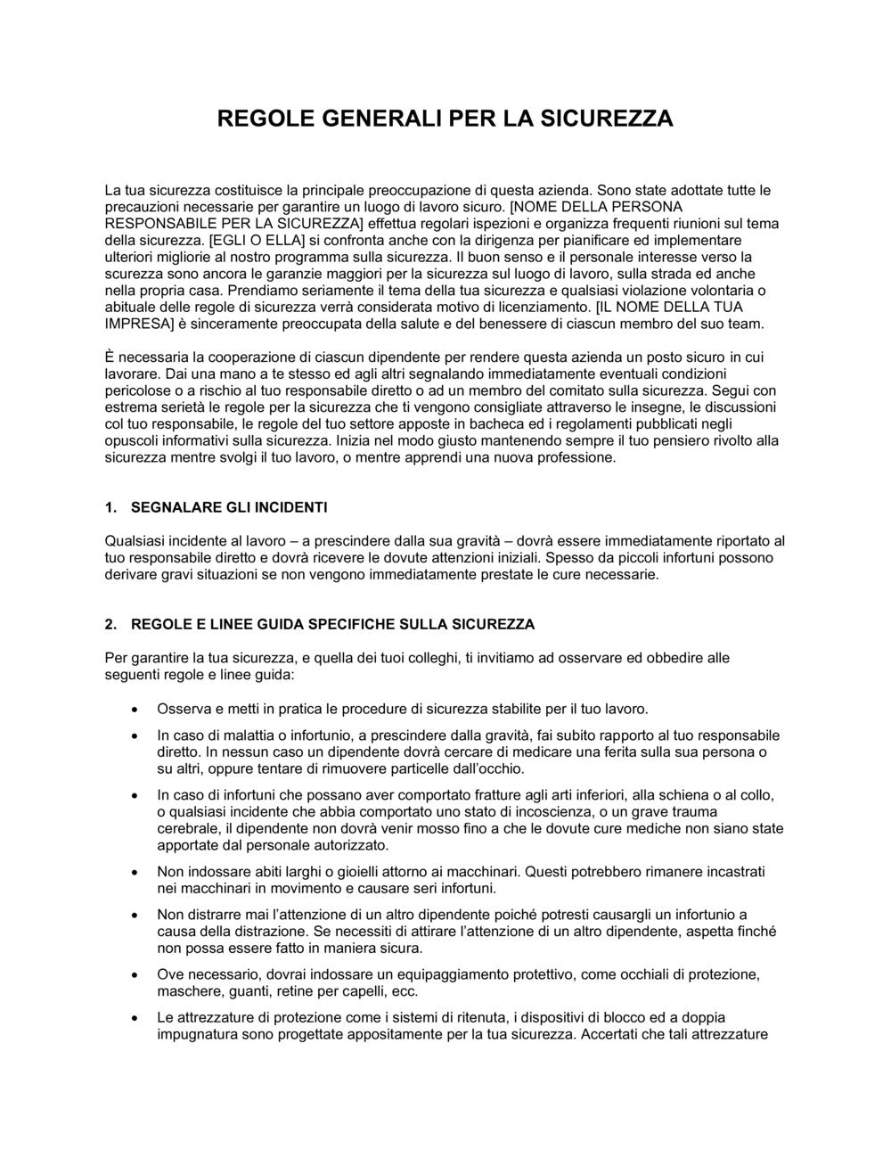 Business-in-a-Box's Regole generali per la sicurezza