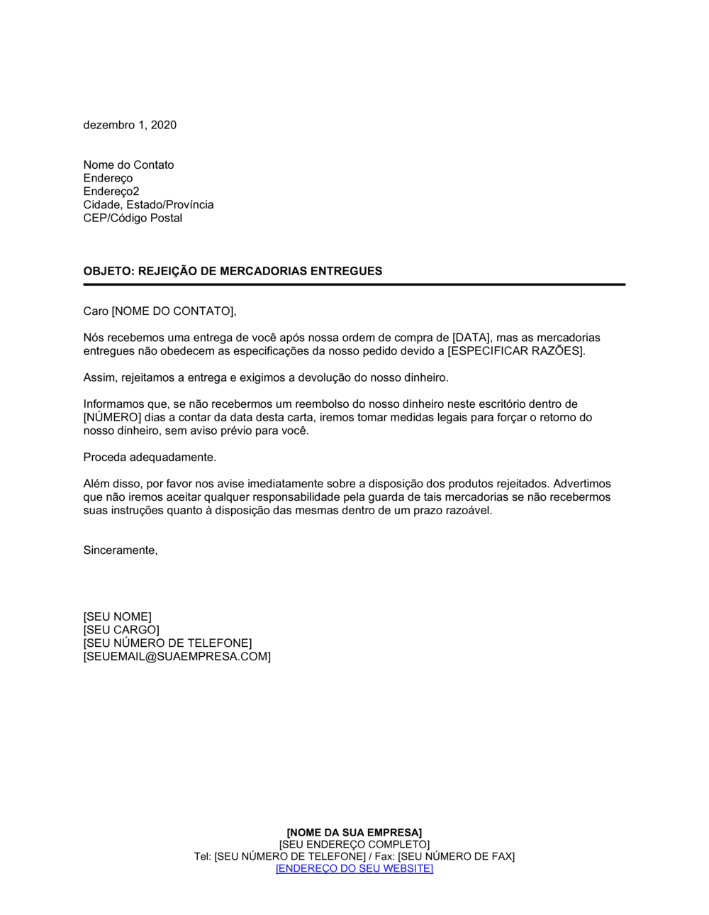 Business-in-a-Box's Rejeição de Bens em Não Conformidade