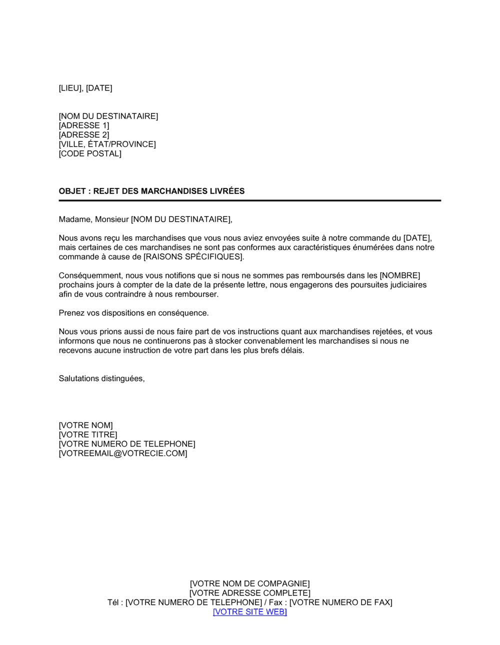 Business-in-a-Box's Rejet des marchandises non conformes