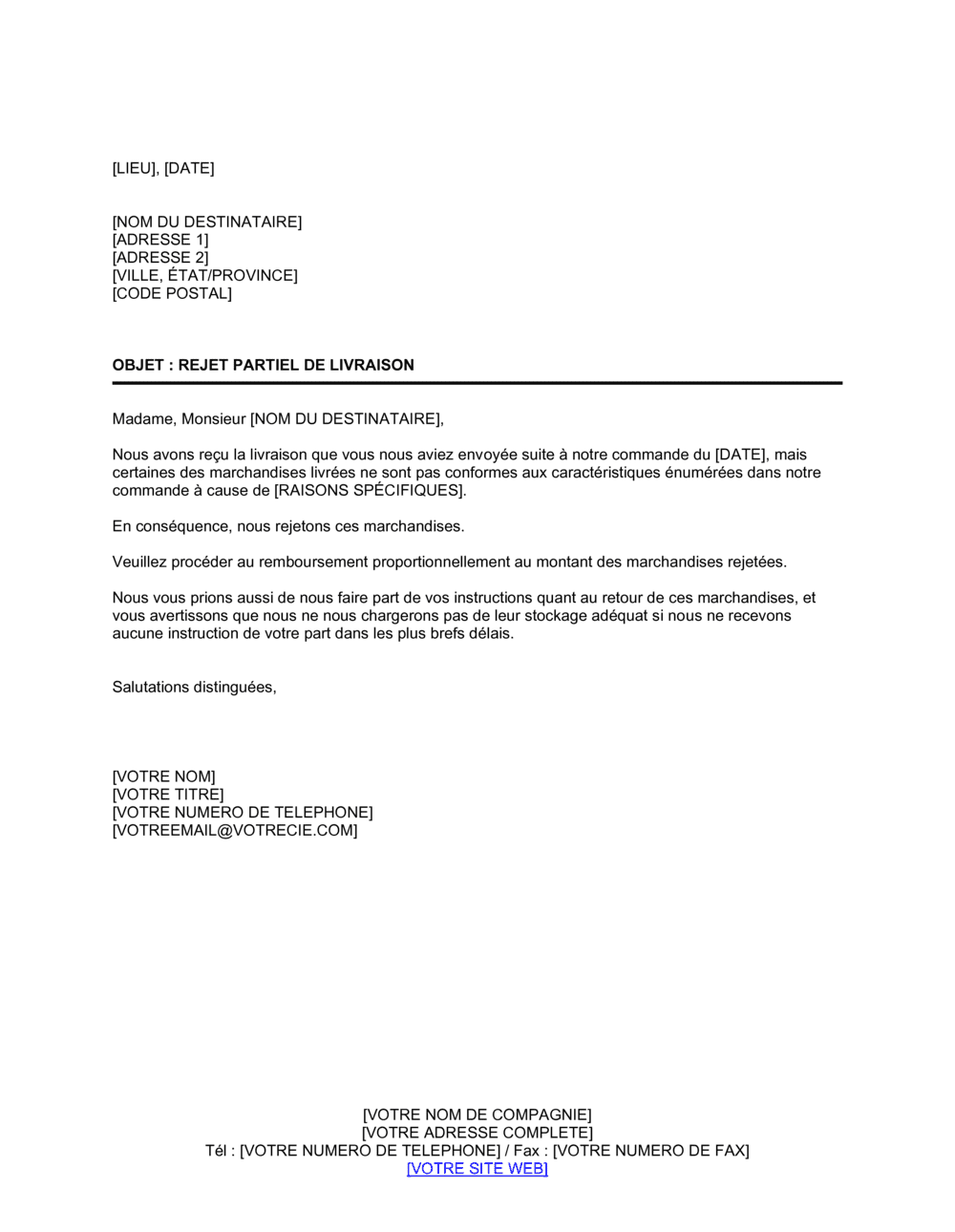 Business-in-a-Box's Rejet partiel de marchandises non conformes