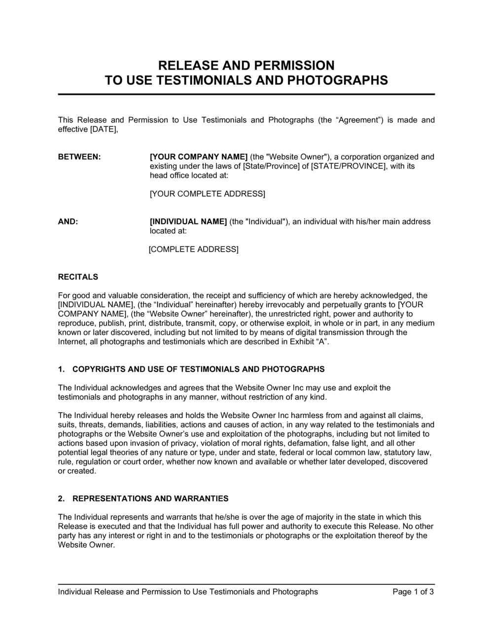 Release And Permission To Use Testimonial And Photographs Template By Business In A Box