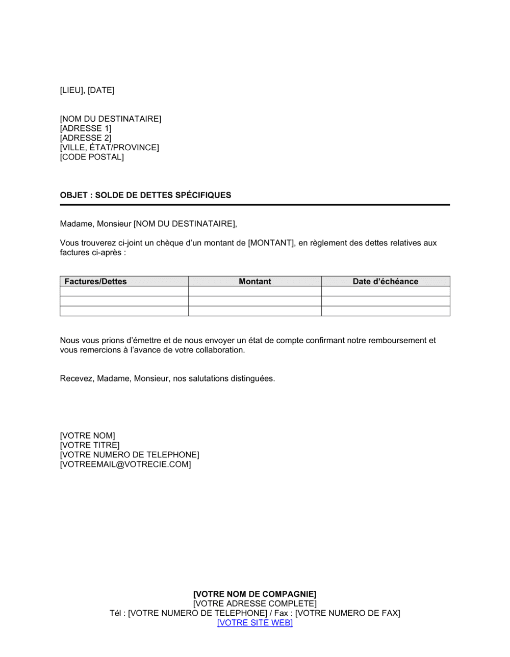 Business-in-a-Box's Remboursement de dettes spécifiques