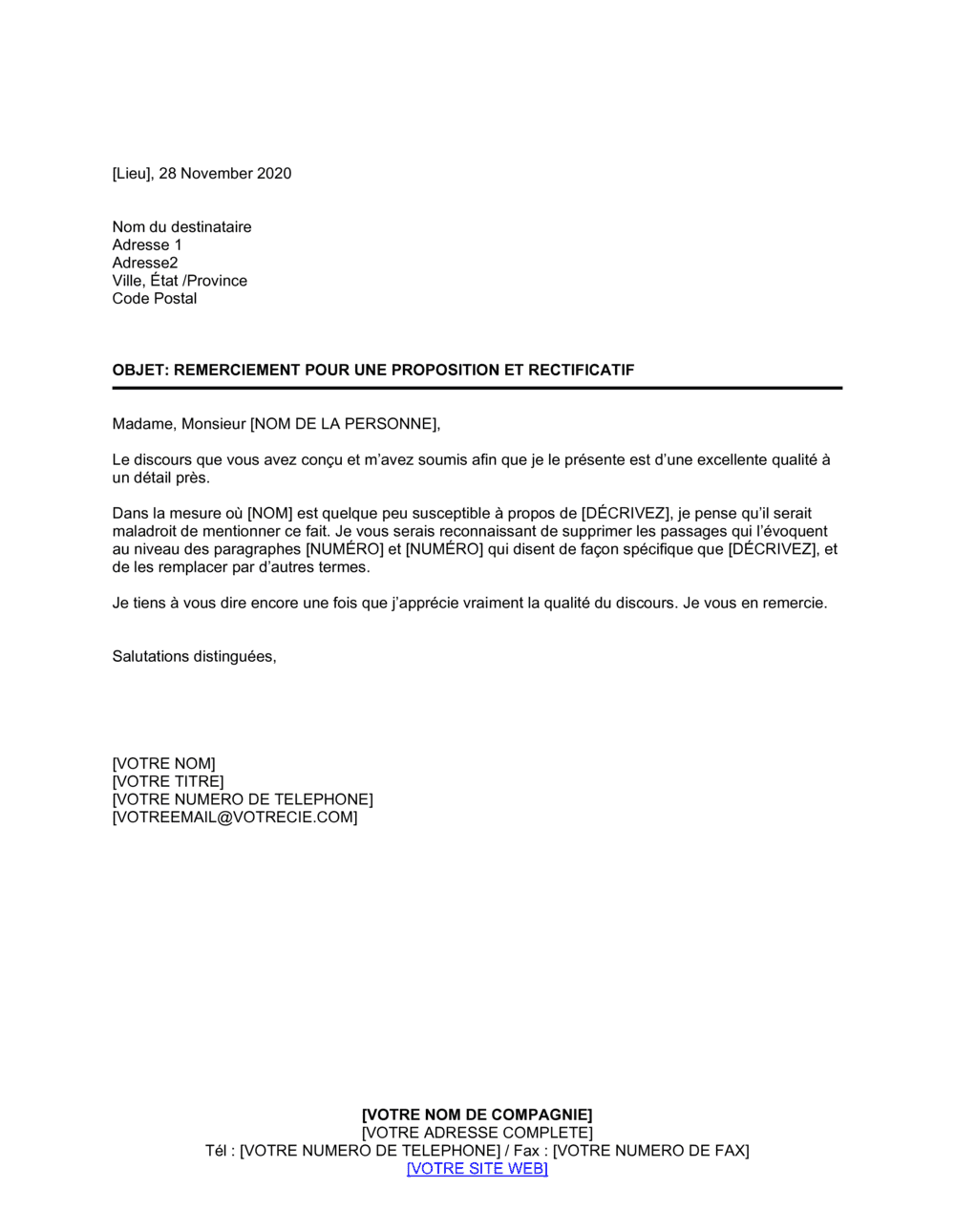 Business-in-a-Box's Remerciement pour rédaction d'un discours et demande de rectification