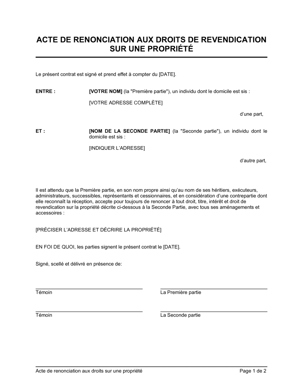 Business-in-a-Box's Renonciation aux droits de revendication sur une propritété