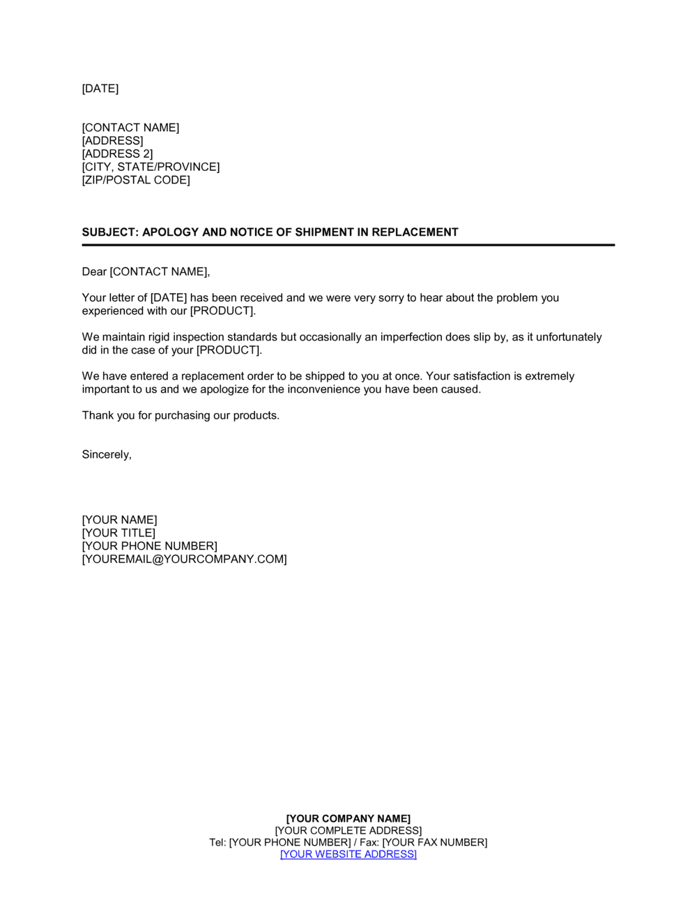 Business-in-a-Box's Reply Apology and Notice of Shipment in Replacement Template