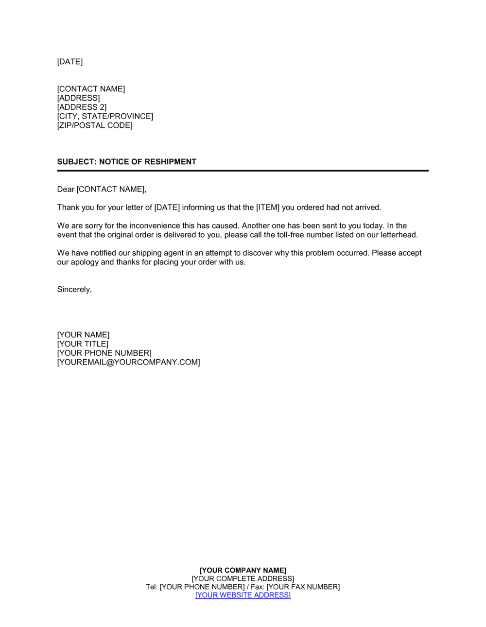 Business-in-a-Box's Reply Notice of Reshipment Template