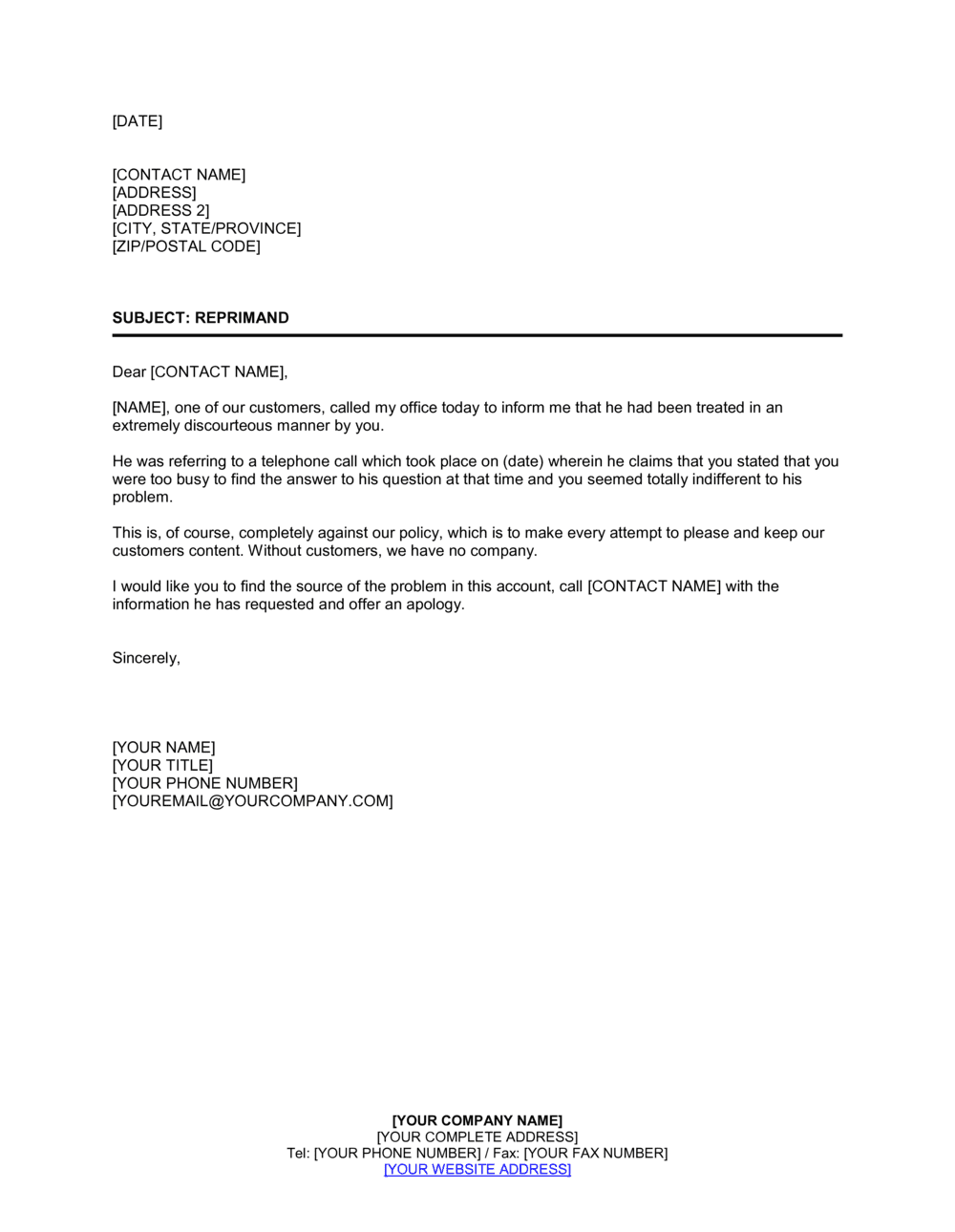 Business-in-a-Box's Reprimand Template