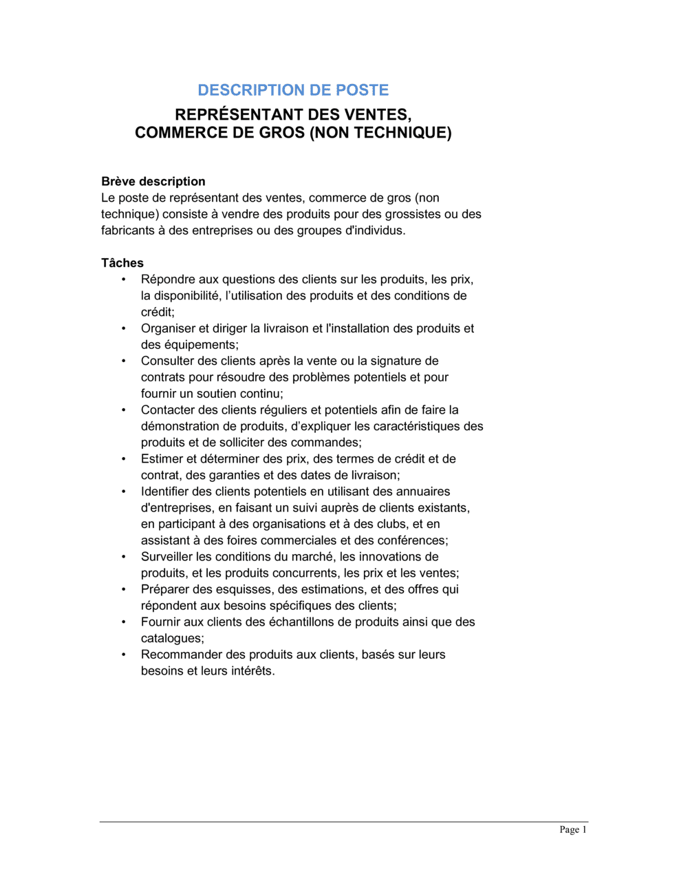 Business-in-a-Box's Représentant des ventes commerce de gros (non technique) Description de poste