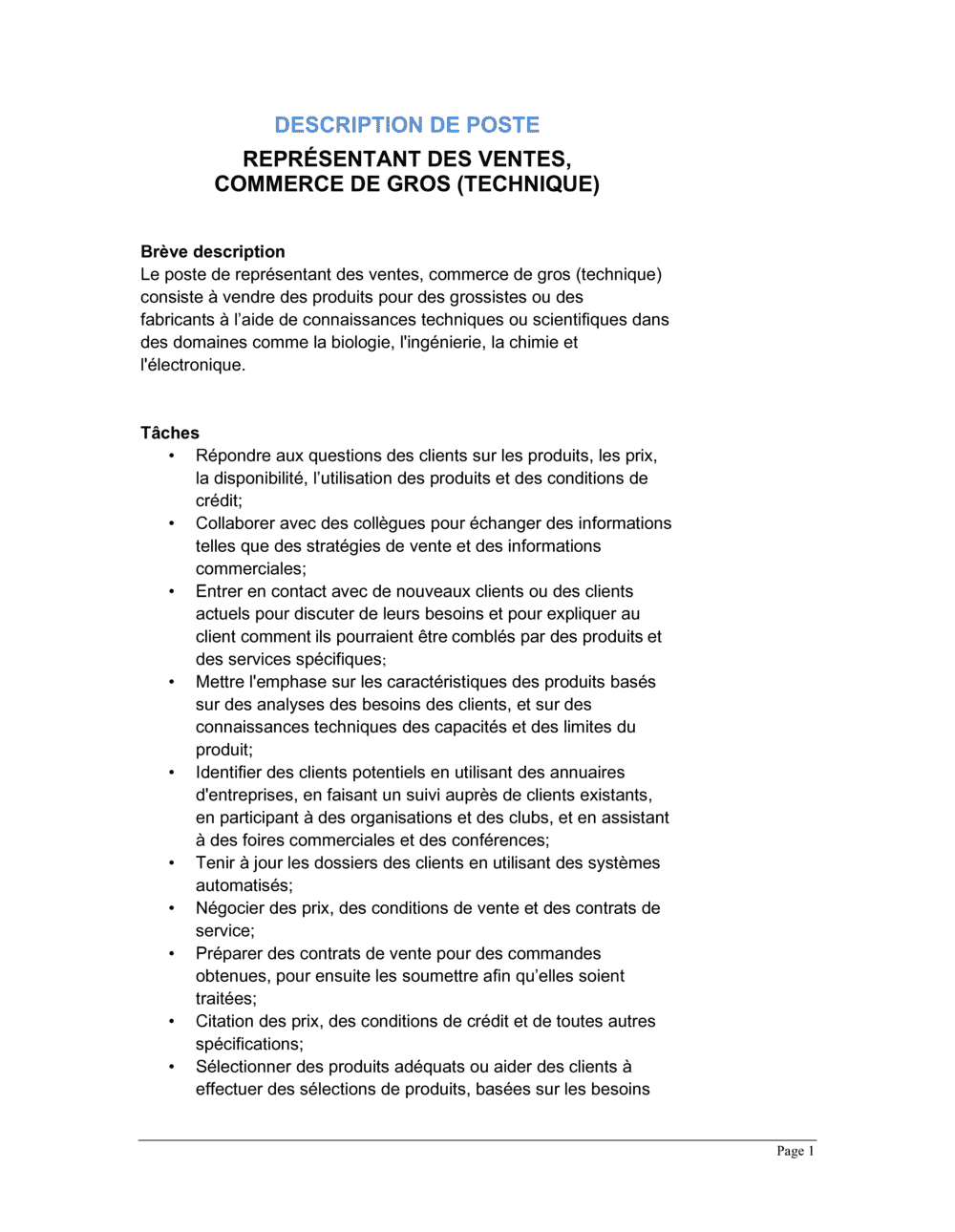 Business-in-a-Box's Représentant des ventes commerce de gros (technique) Description de poste
