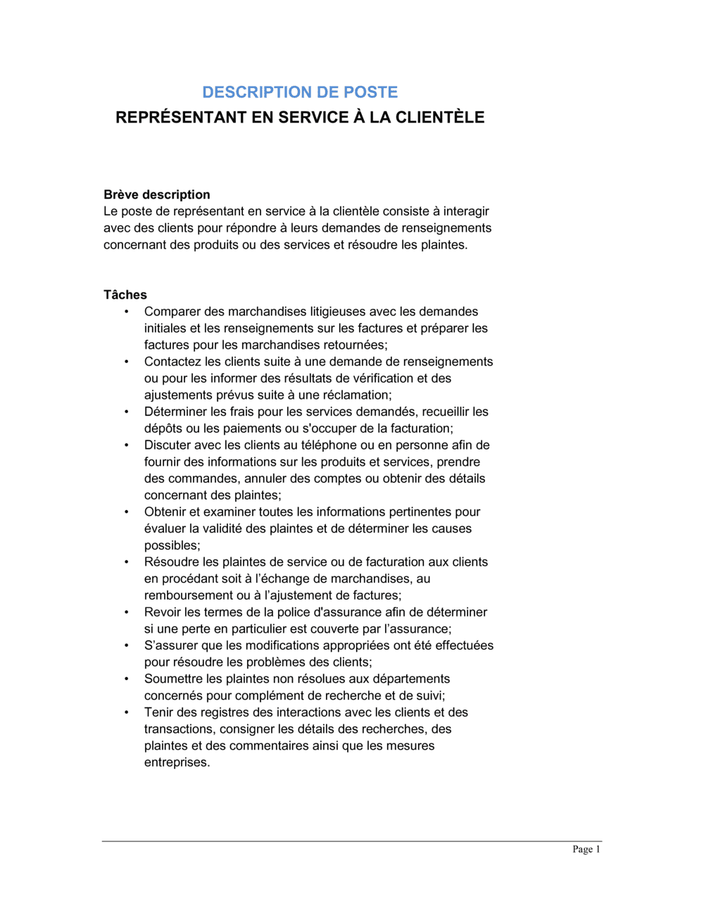 Business-in-a-Box's Représentant service à la clientèle Description de poste