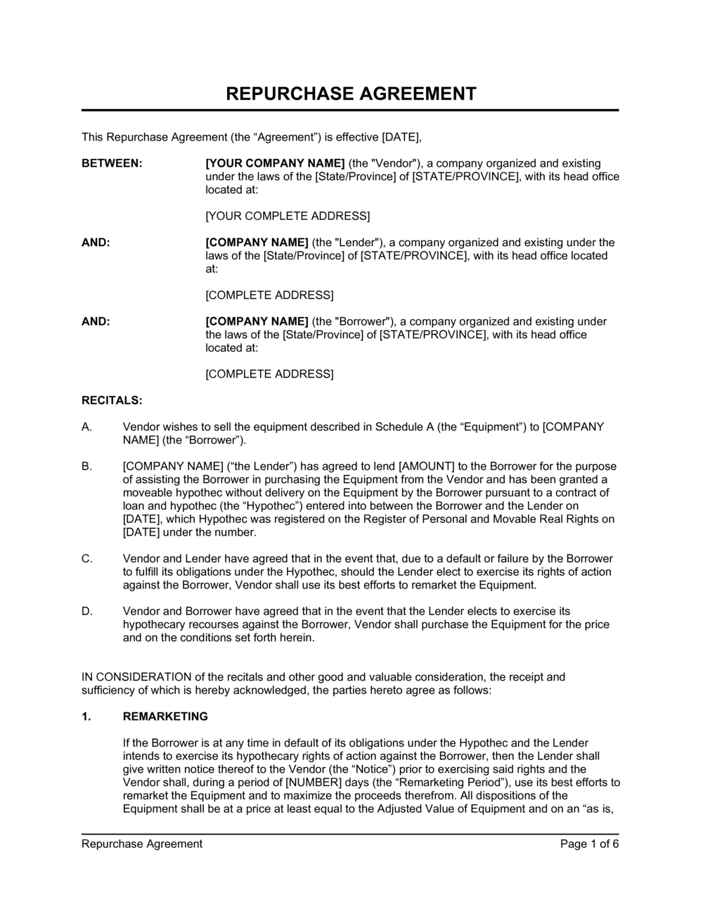 Repurchase Agreement Equipment Template  by Business-in-a-Box™ Throughout share buy back agreement template