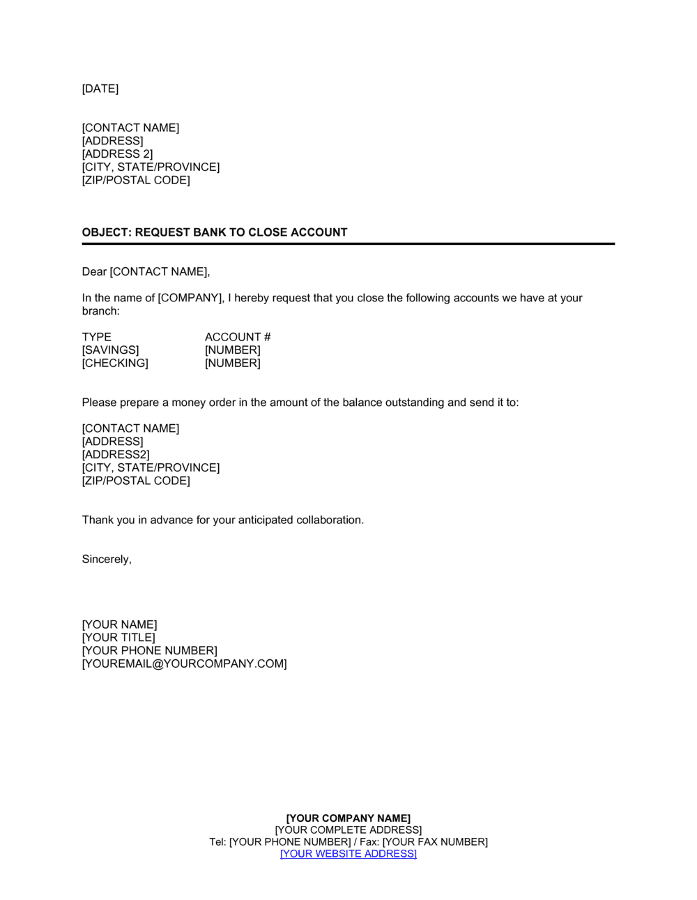 Request Bank to Close Account Template  by Business-in-a-Box™ In Account Closure Letter Template