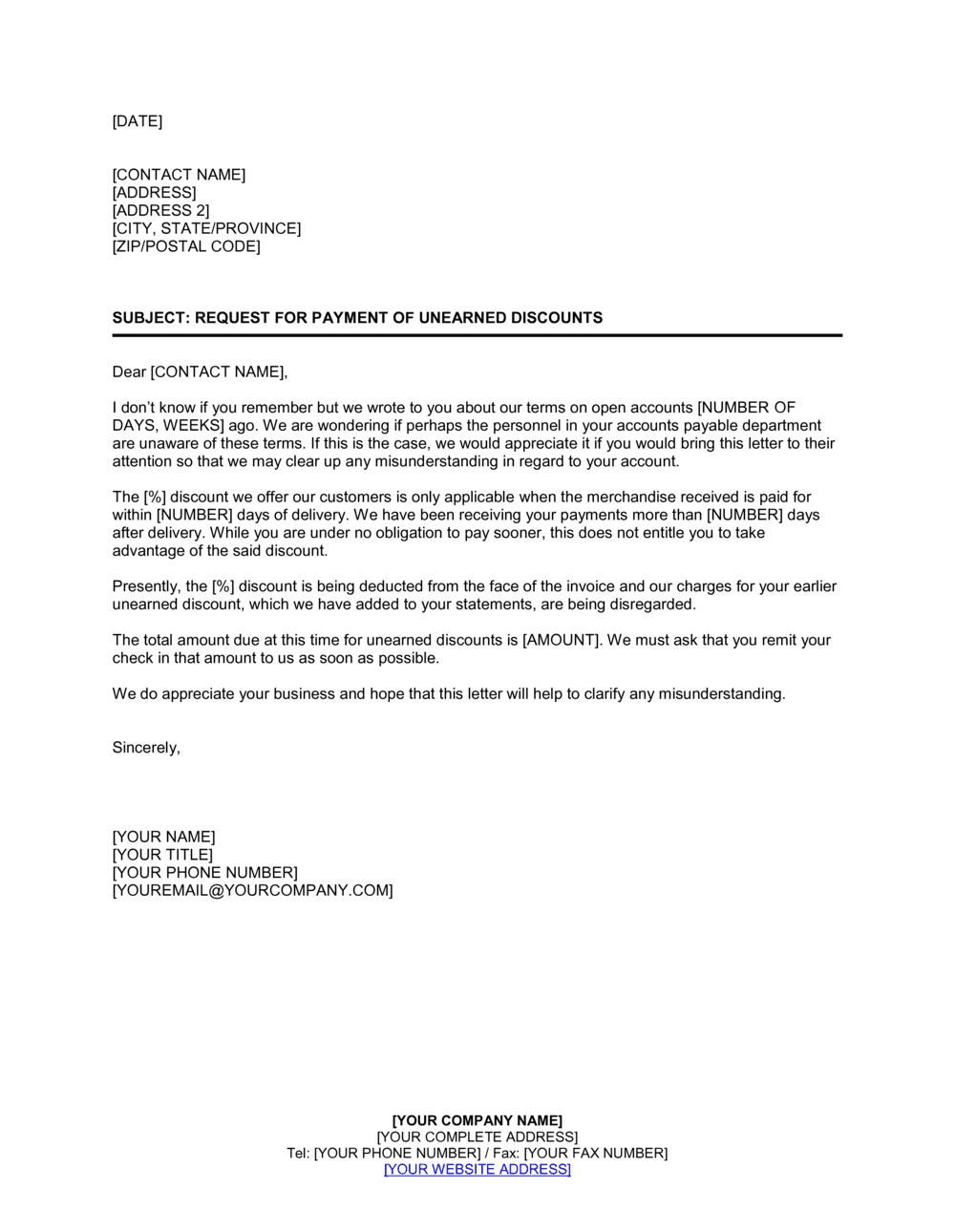 Business-in-a-Box's Request for Payment of Unearned Discounts Template