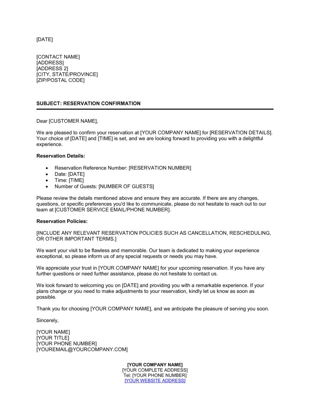 Business-in-a-Box's Reservation Confirmation Letter Template