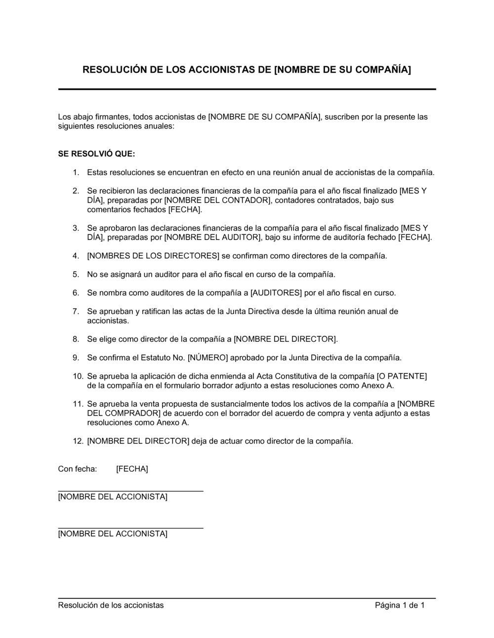 Business-in-a-Box's Resolución de los accionistas