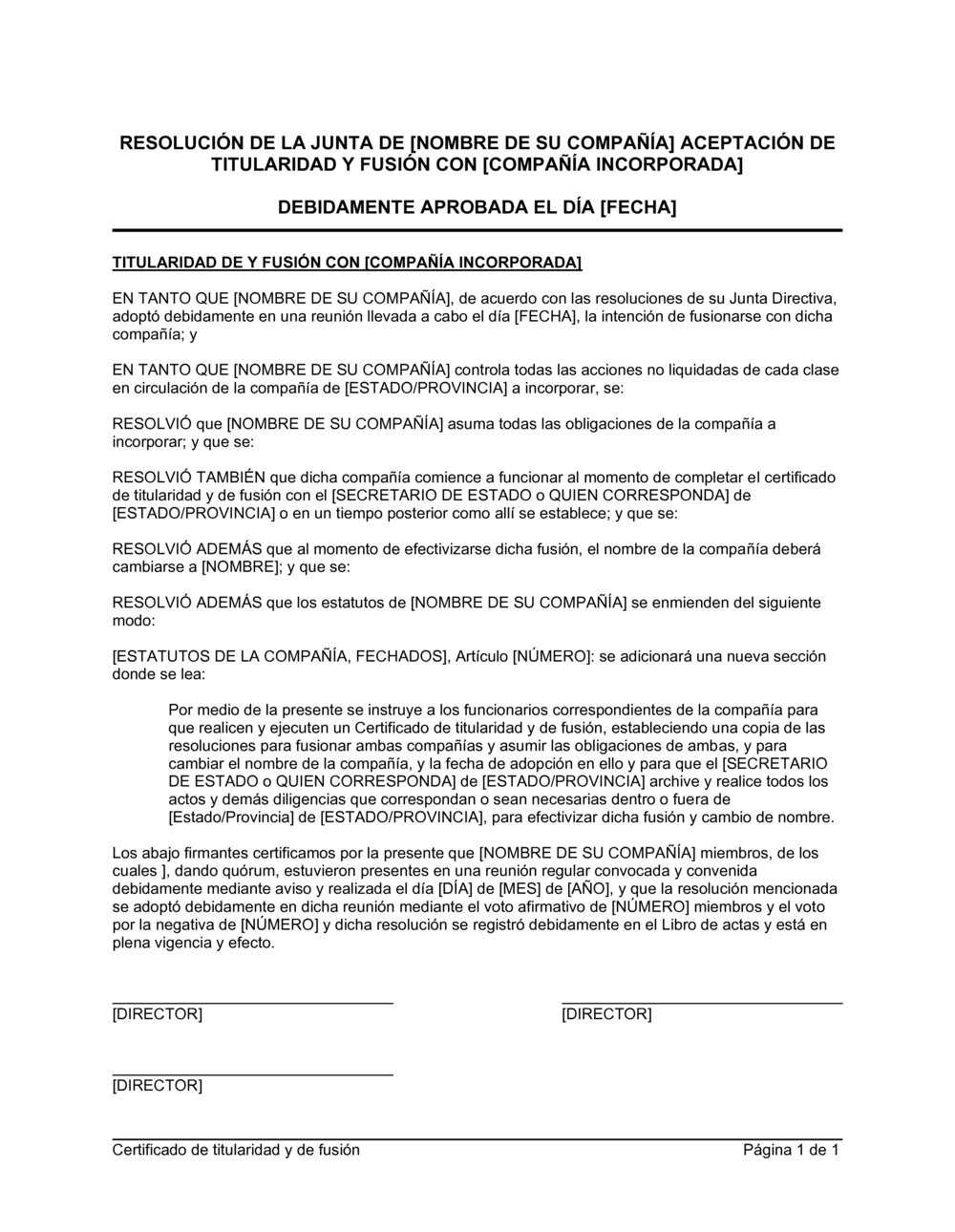 Business-in-a-Box's Resolución del directorio acusando recibo de la titularidad y fusión con otra compañía