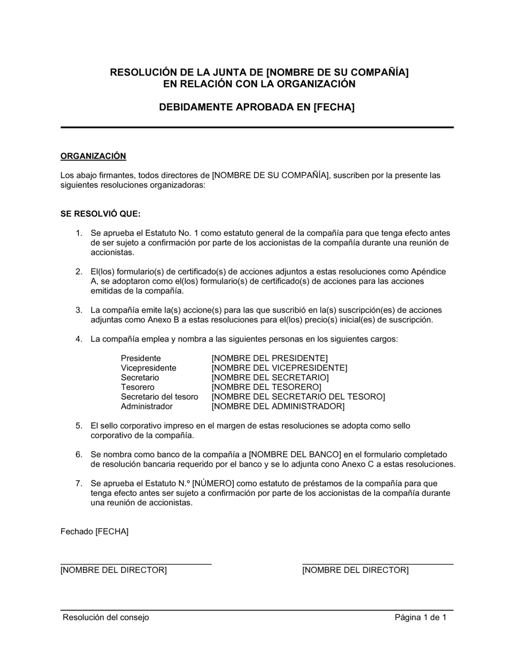 Business-in-a-Box's Resolución del directorio con respecto a la organización