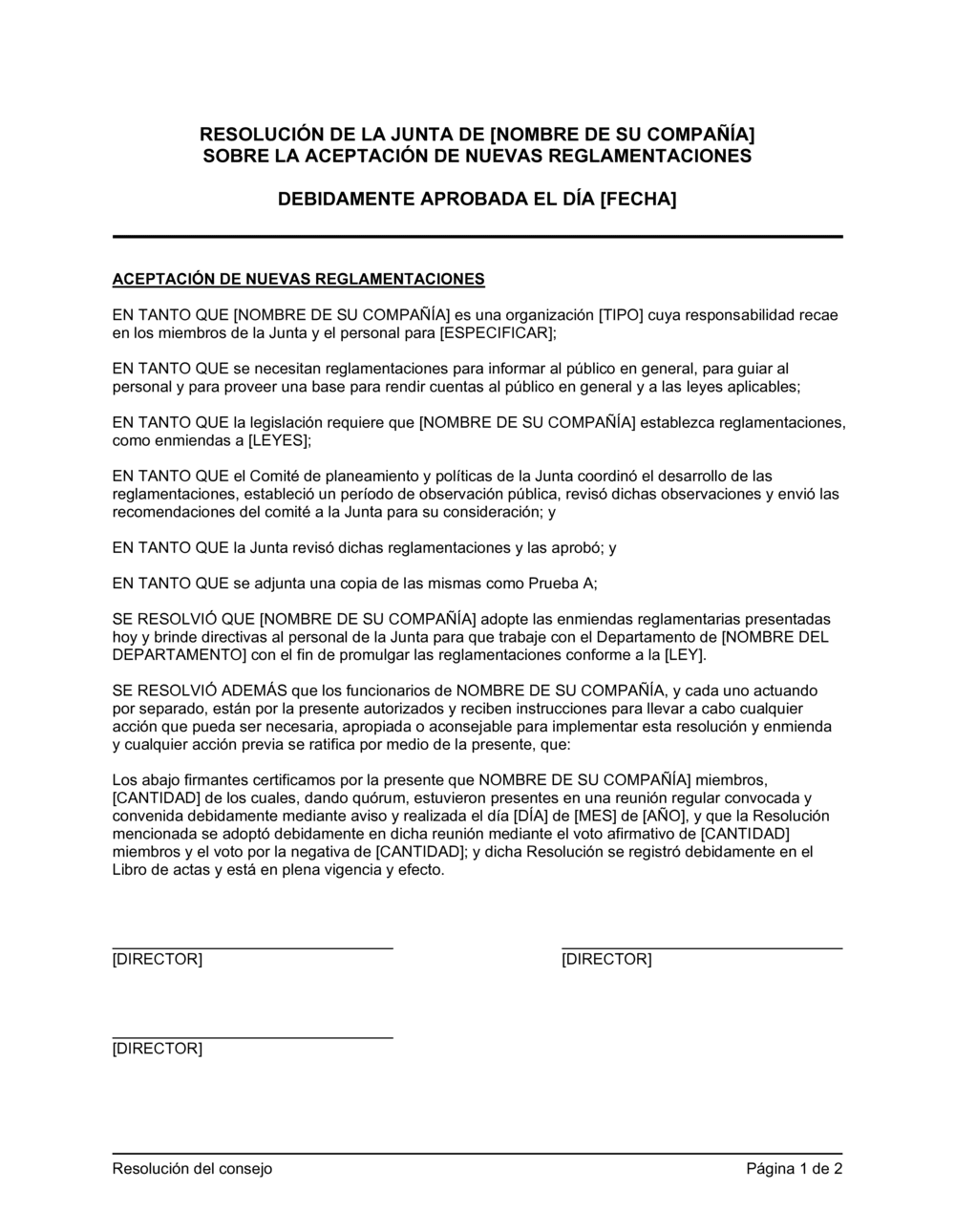 Business-in-a-Box's Resolución del directorio para aceptar nuevas reglamentaciones