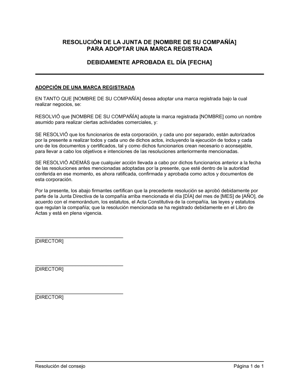 Business-in-a-Box's Resolución del directorio para adoptar una marca registrada