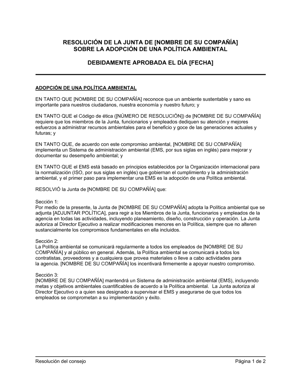 Business-in-a-Box's Resolución del directorio para adoptar una política ambiental