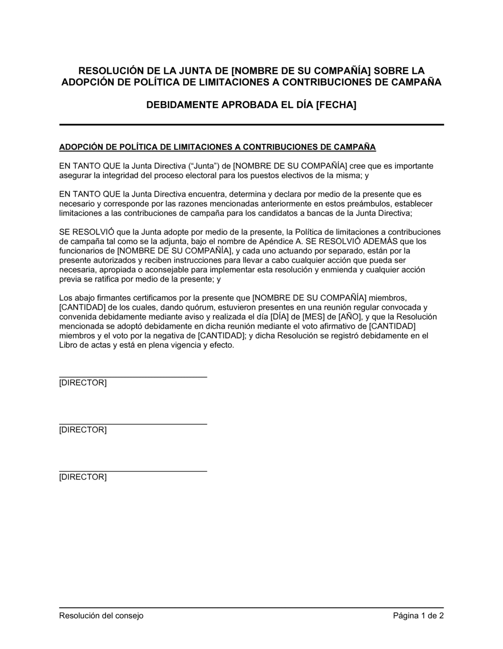 Business-in-a-Box's Resolución del directorio para adoptar una política de limitaciones a contribuciones de campaña