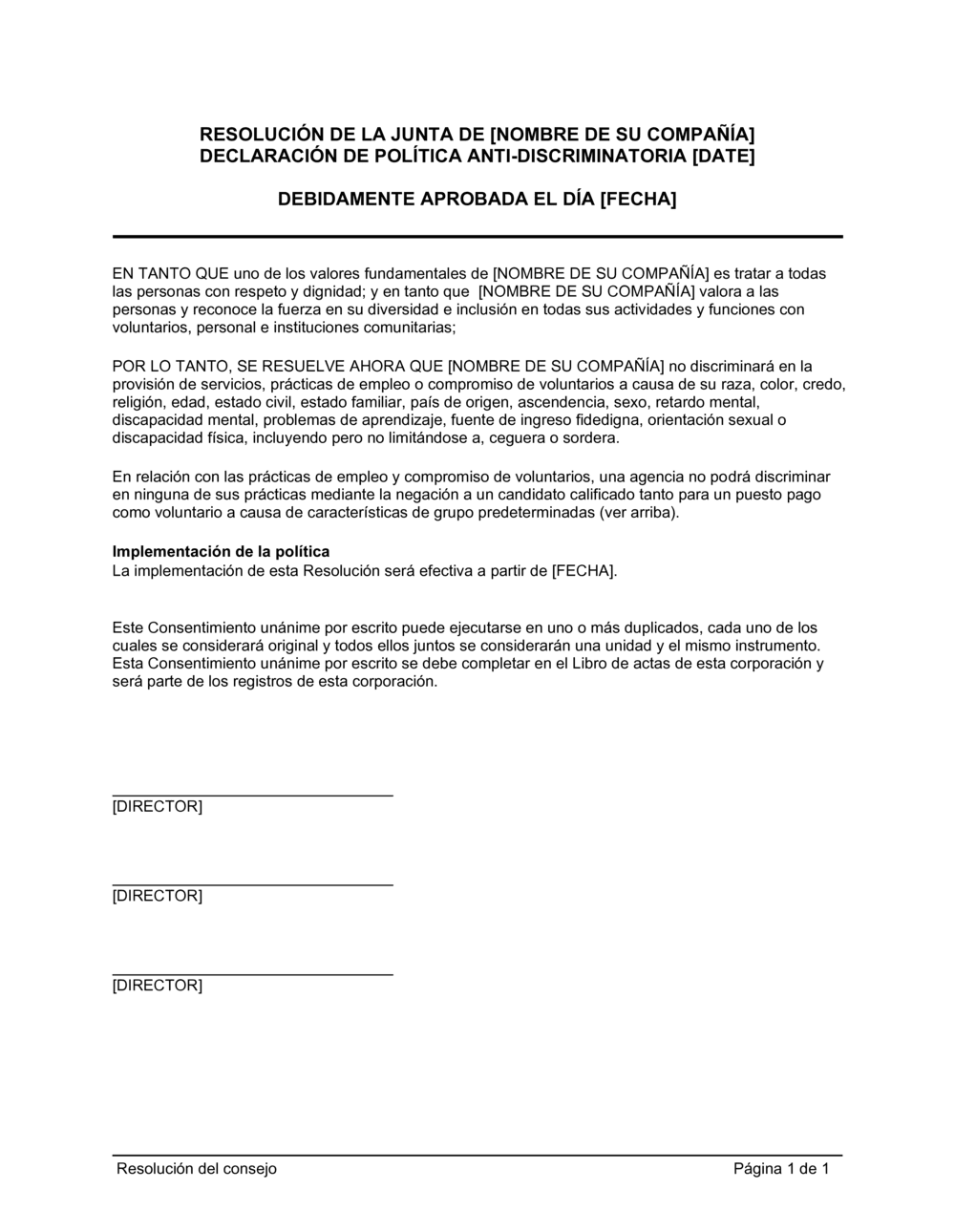 Business-in-a-Box's Resolución del directorio para afirmar la política anti discriminación