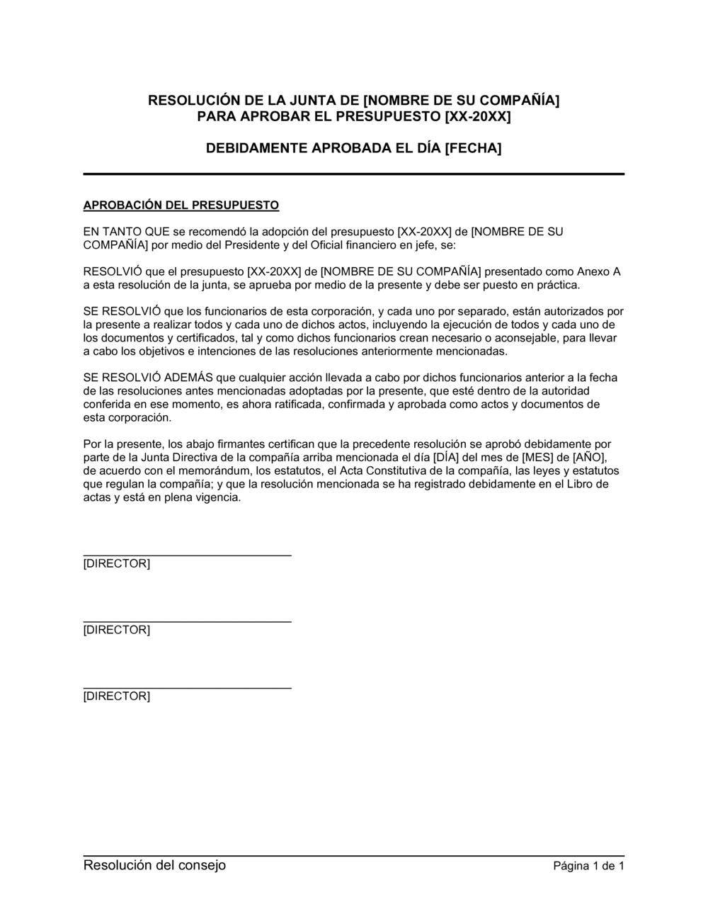 Business-in-a-Box's Resolución del directorio para aprobar el presupuesto
