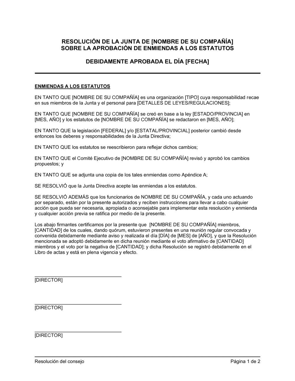 Business-in-a-Box's Resolución del directorio para aprobar enmiendas en los estatutos