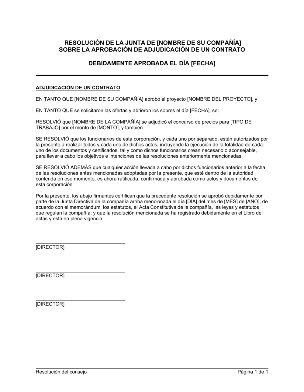 Business-in-a-Box's Resolución del directorio para aprobar la adjudicación de un contrato