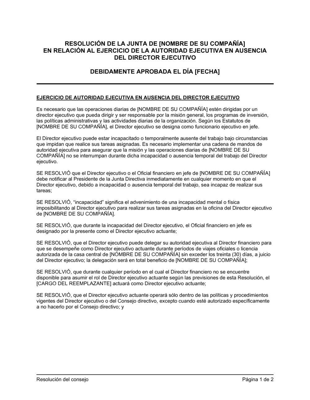 Business-in-a-Box's Resolución del directorio para aprobar la autoridad ejecutiva