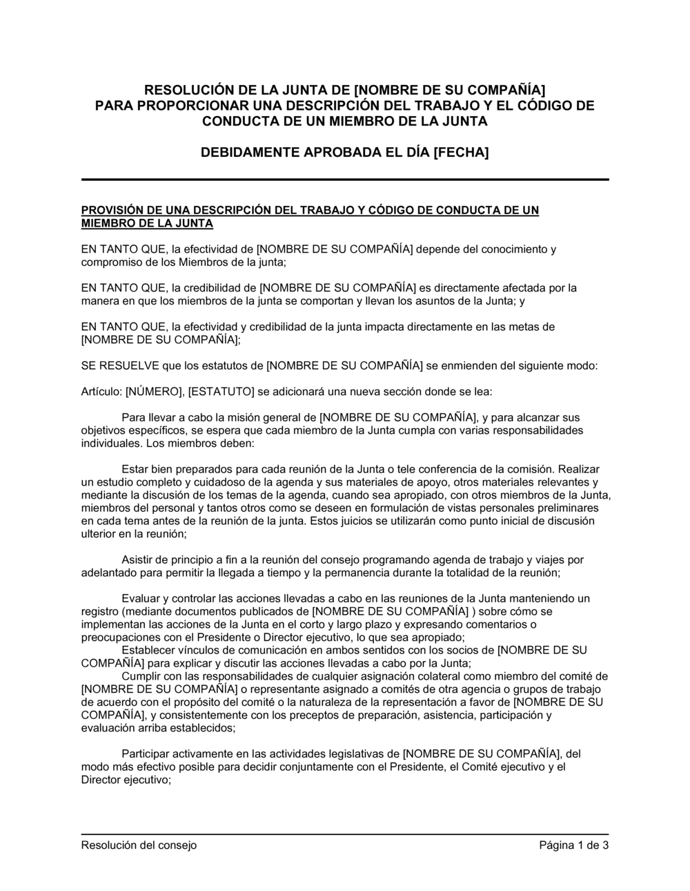 Business-in-a-Box's Resolución del directorio para aprobar la descripción del trabajo y el código de conducta