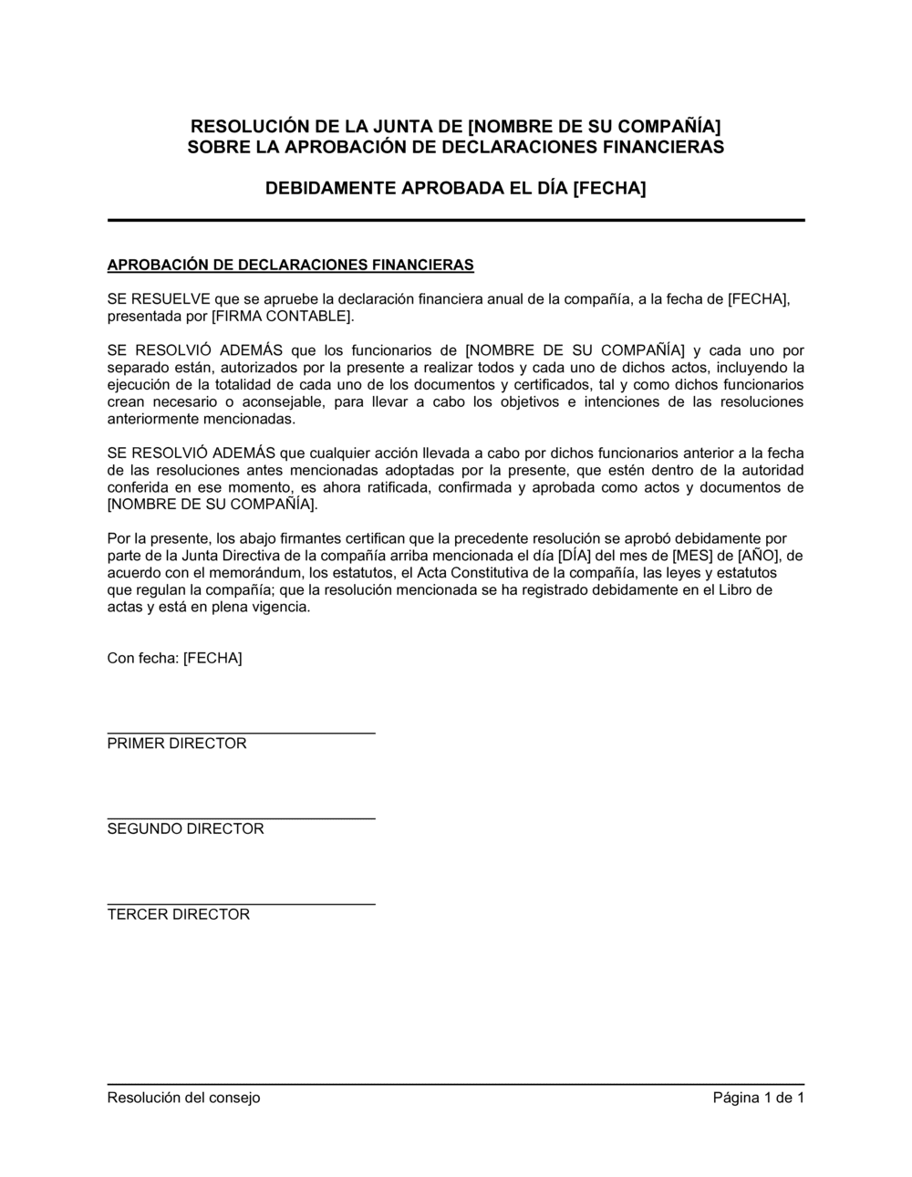 Business-in-a-Box's Resolución del directorio para aprobar los estados contables