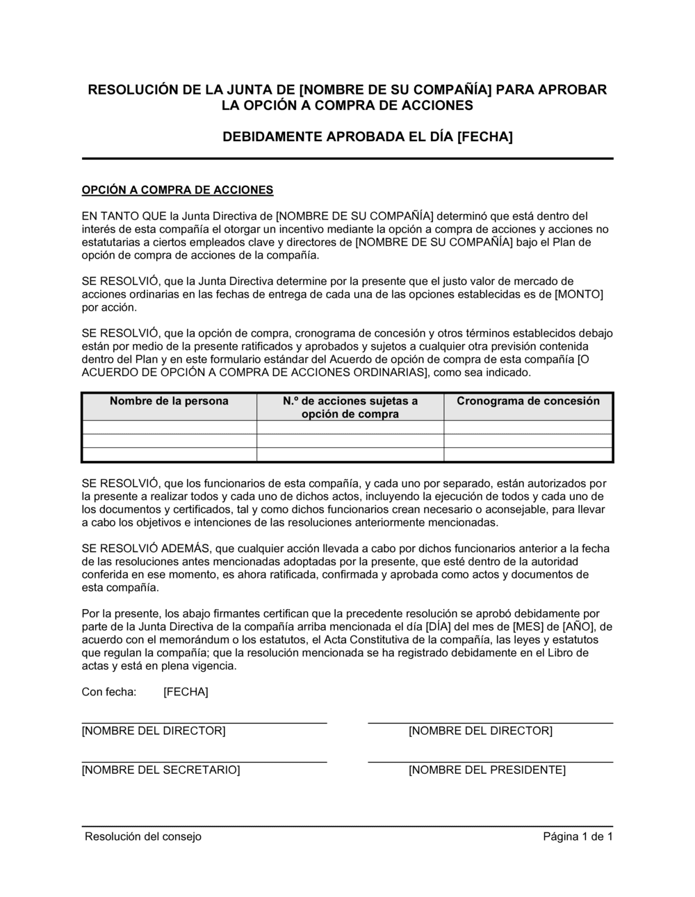 Business-in-a-Box's Resolución del directorio para aprobar otras opciones