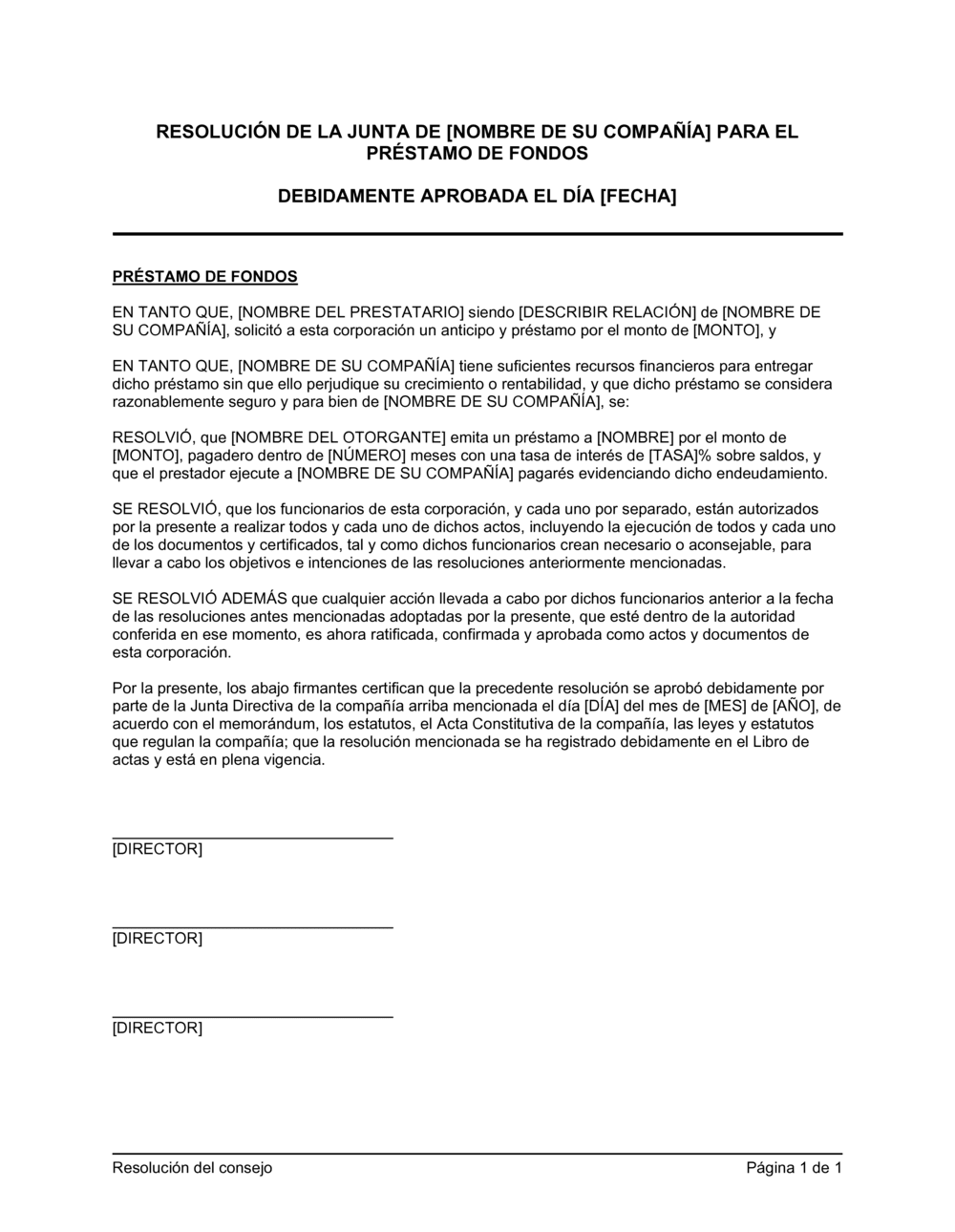 Business-in-a-Box's Resolución del directorio para aprobar préstamos para fondos