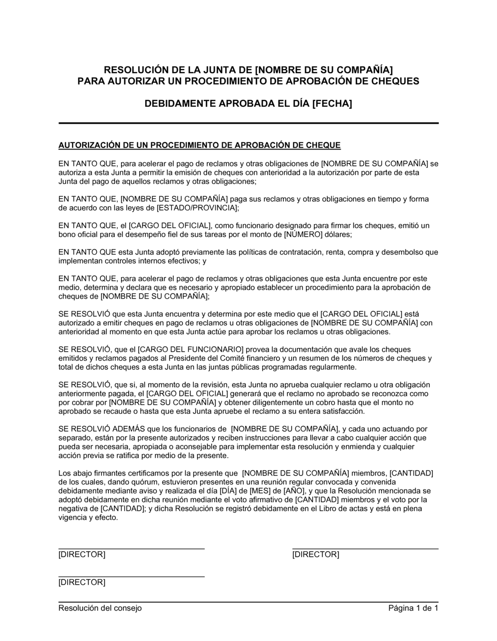 Business-in-a-Box's Resolución del directorio para autorizar el procedimiento de aprobación de un cheque