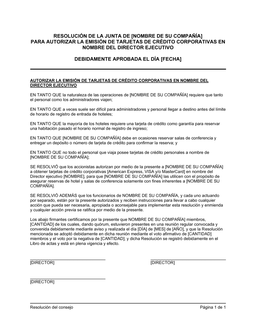 Business-in-a-Box's Resolución del directorio para autorizar la emisión de tarjetas de crédito corporativas