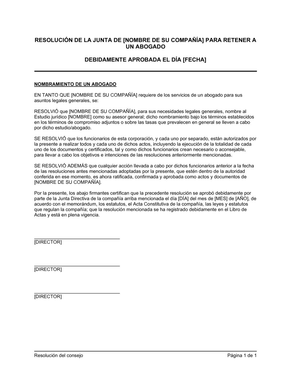 Business-in-a-Box's Resolución del directorio para contratar a un abogado