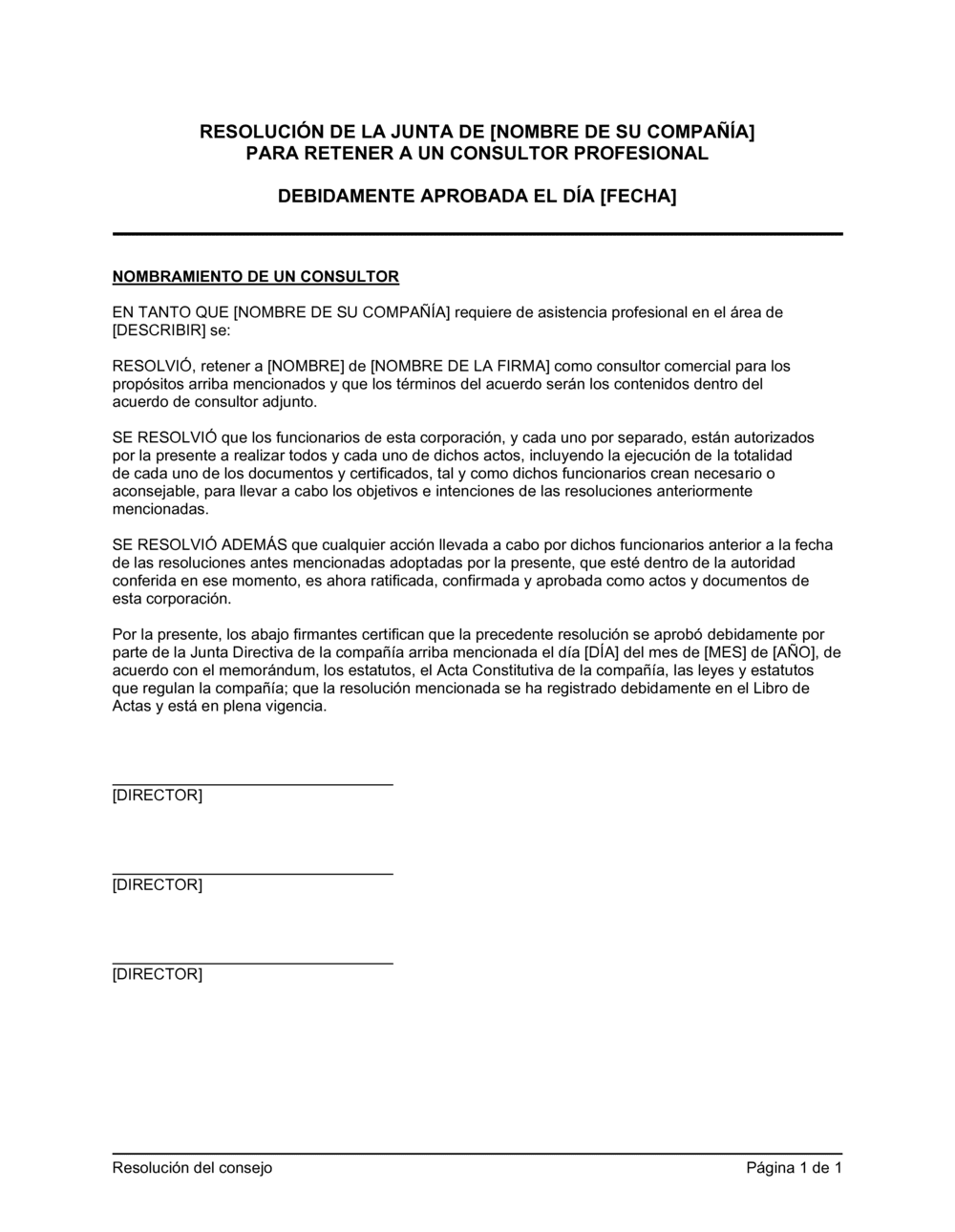 Business-in-a-Box's Resolución del directorio para contratar consultoría profesional