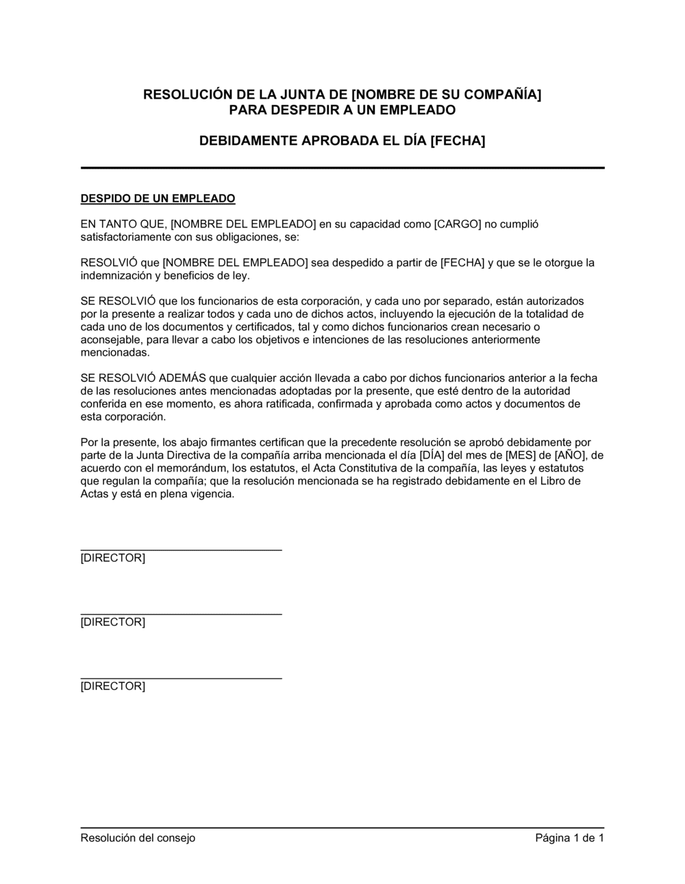 Business-in-a-Box's Resolución del directorio para despedir a un empleado