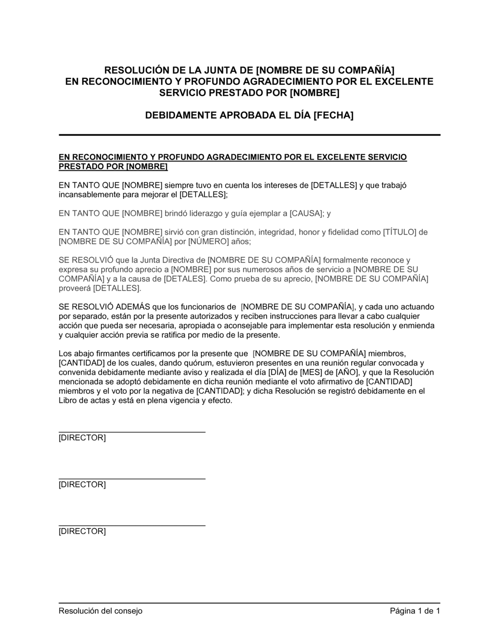 Business-in-a-Box's Resolución del directorio para el reconocimiento de servicios distinguidos