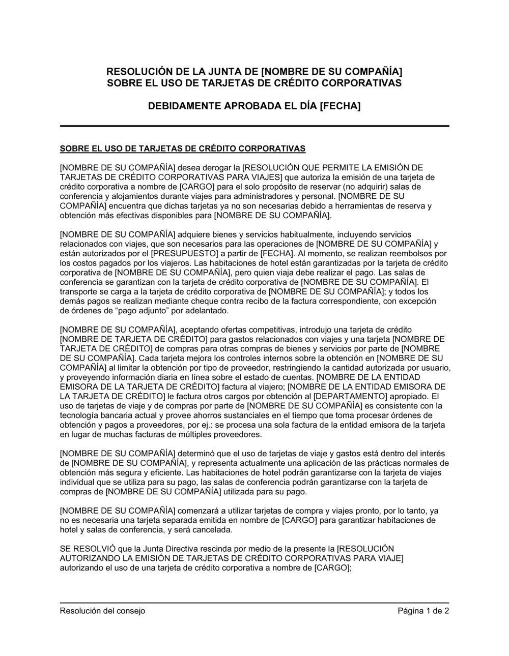 Business-in-a-Box's Resolución del directorio para el uso de tarjetas de crédito corporativas