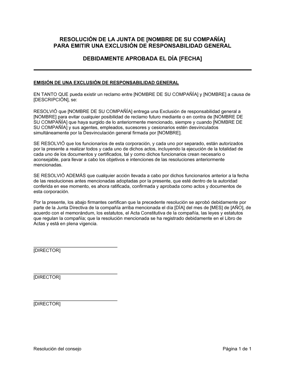 Business-in-a-Box's Resolución del directorio para emitir una exclusión de responsabilidad general